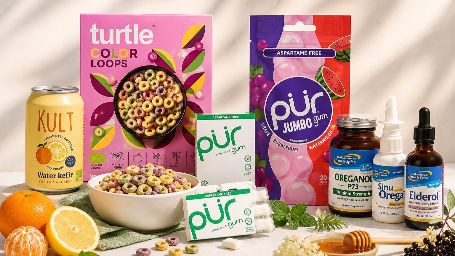 Oblíbené produkty Pravé Bio – KULT Kefir, bio cereálie Turtle, žvýkačky PÜR a North American Herb & Spice